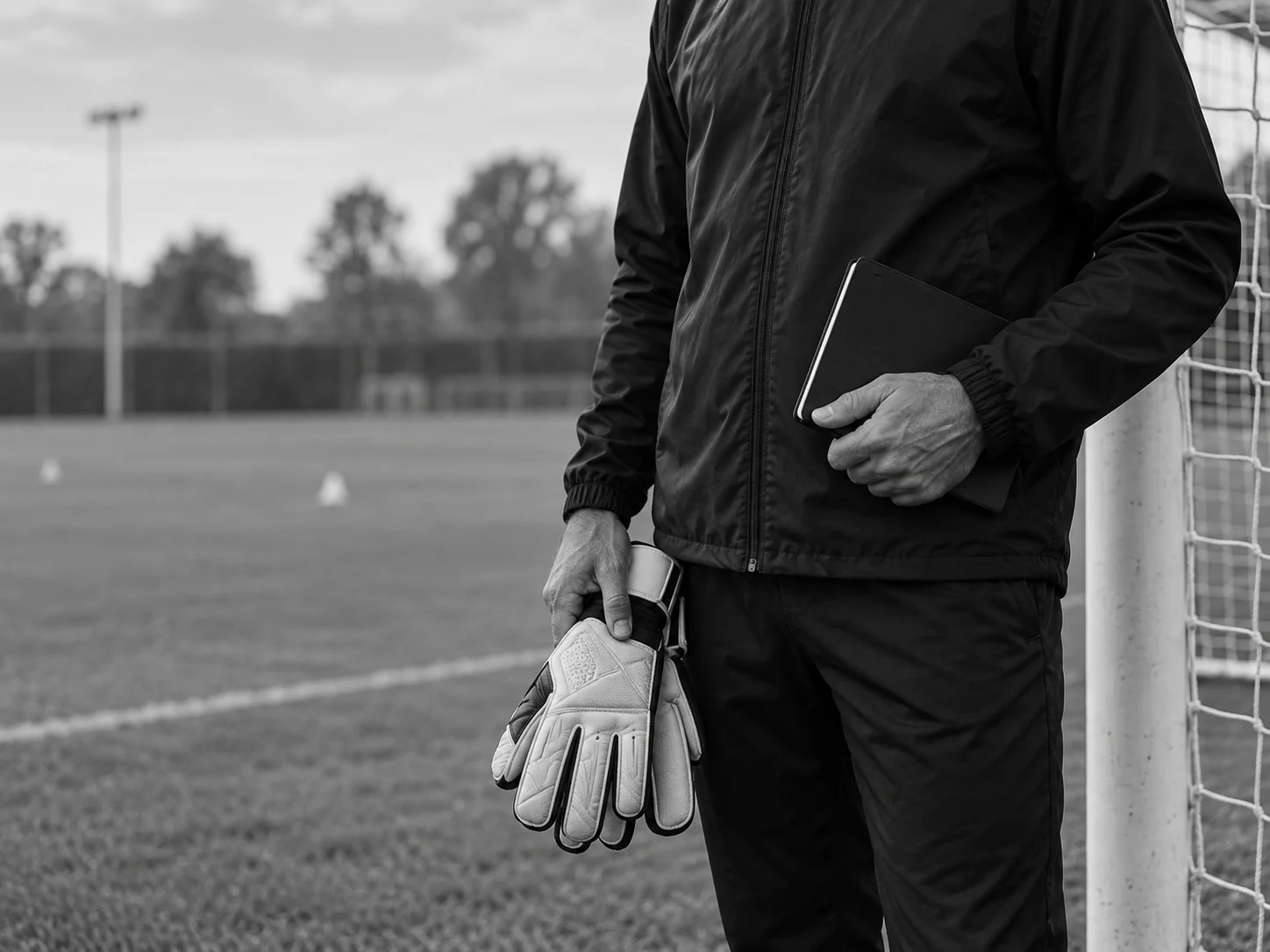 Guantes y libreta de un entrenador de arqueros al final de una sesión